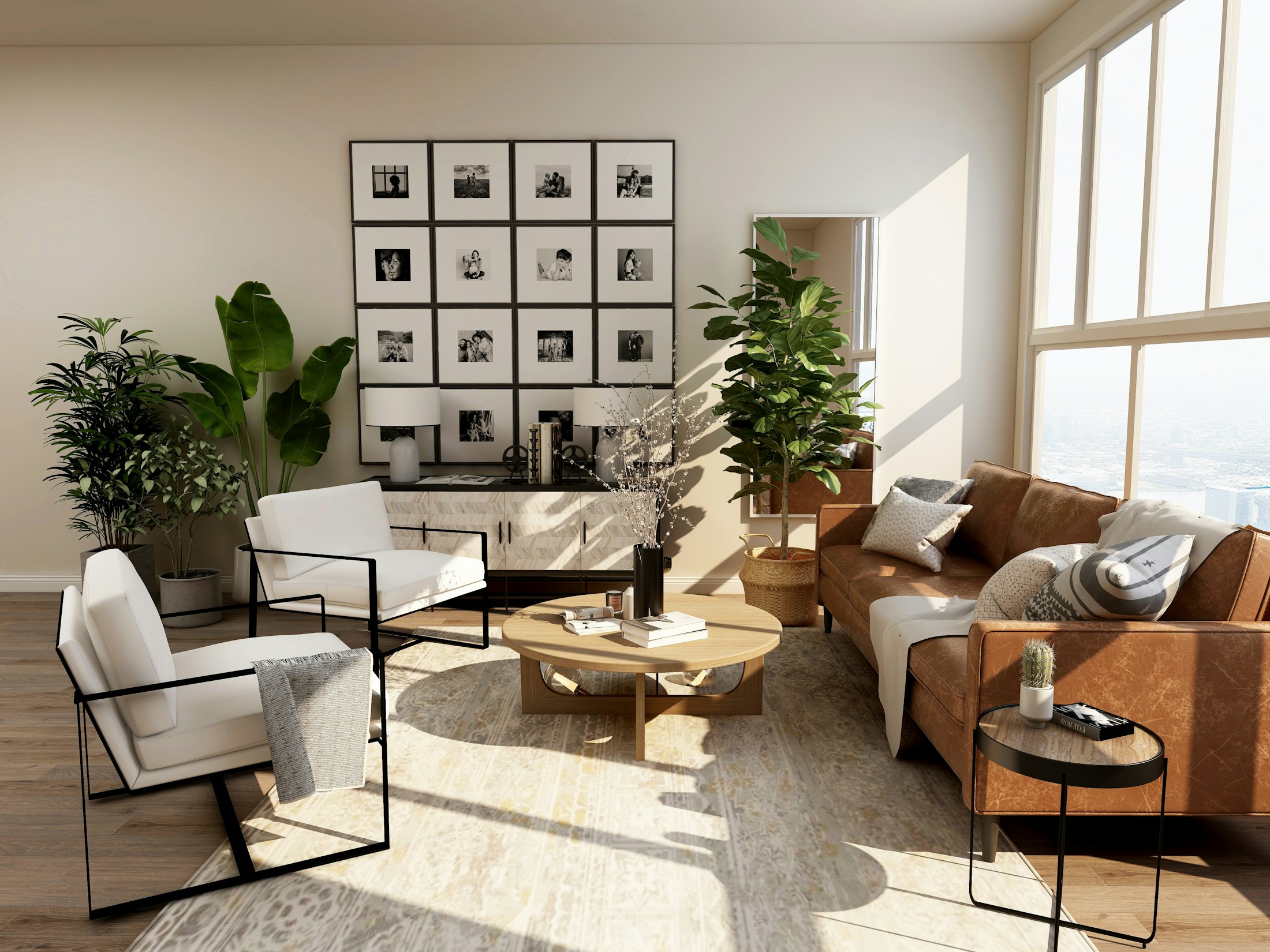 A sunlit living room with well-loved furniture and houseplants
